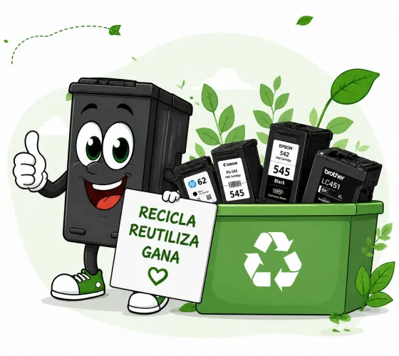 Mascota junto a contenedor de reciclaje con cartuchos recuperados